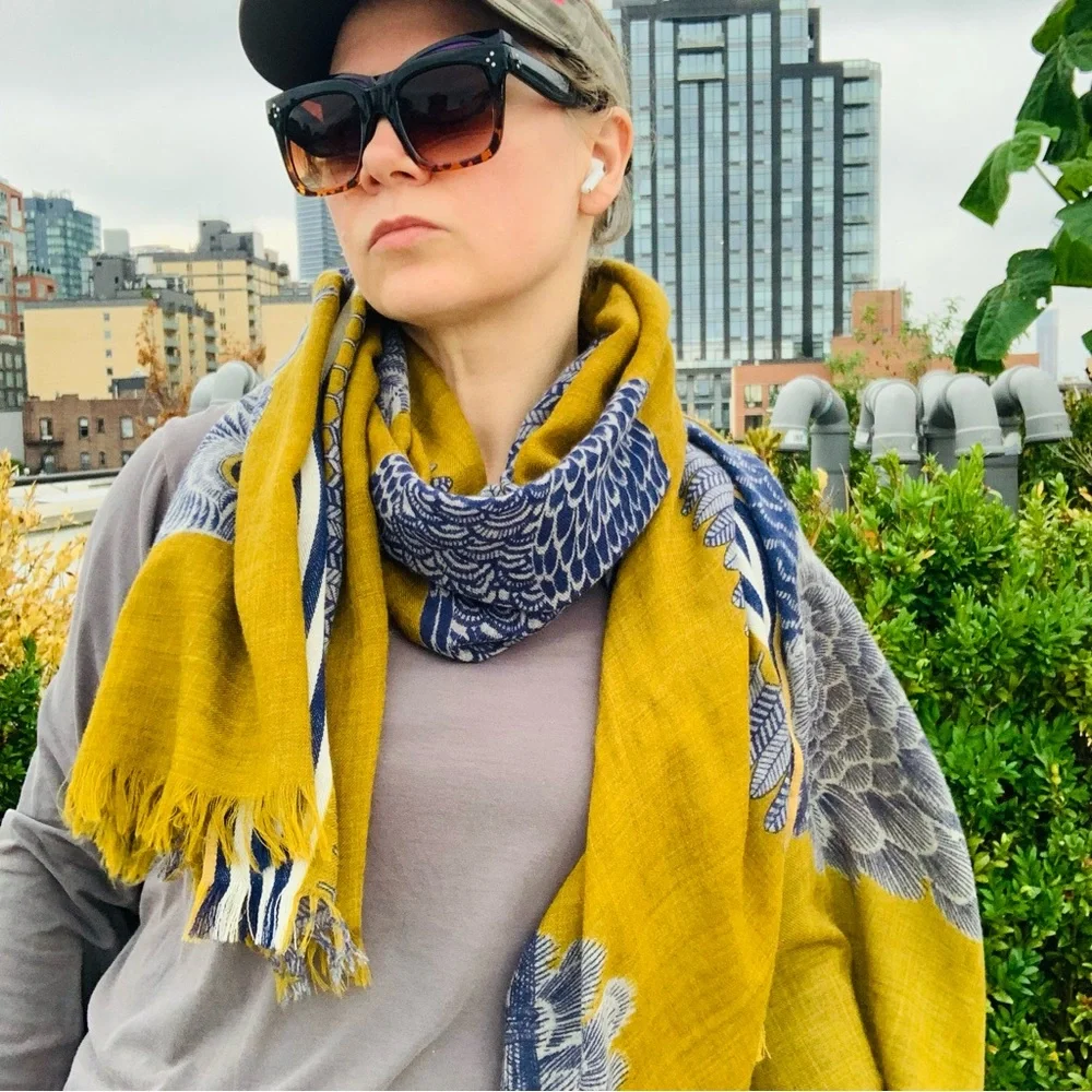 Inouïtoosh Wool Mustard Owl Cat Fringed Blanket Scarf